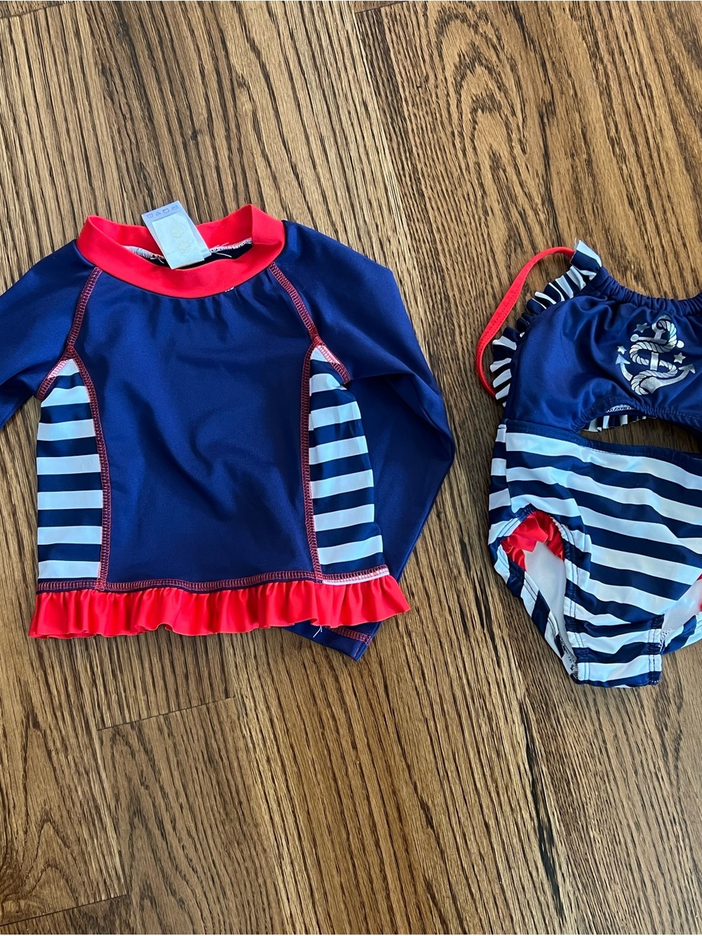 Navy & Red Girls Long-Sleeve Rashguard Set - Striped Swim Bottoms